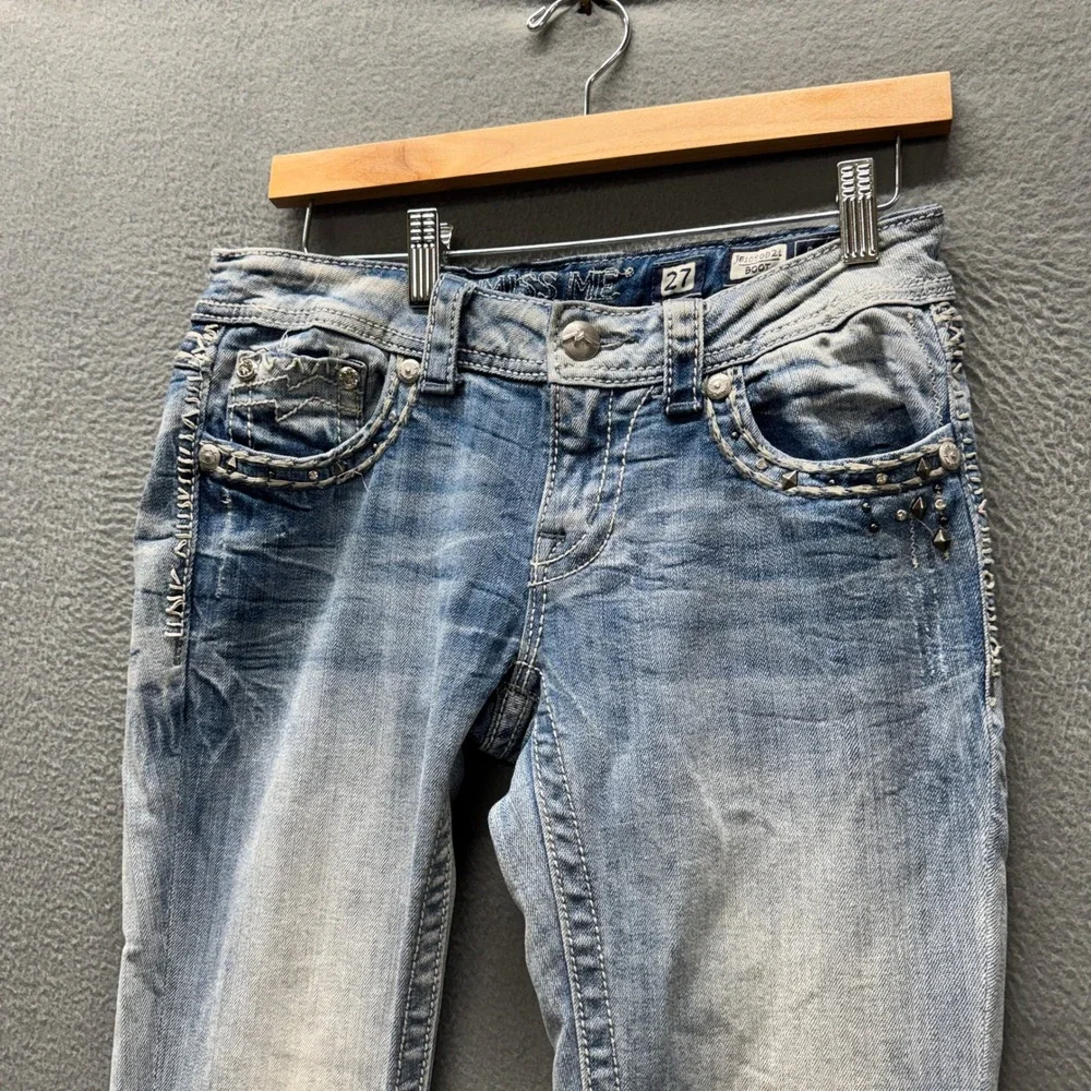 Miss Me Jeans Womens 27 (29x33 ACTUAL) Bootcut Faded Wash Embellished Blue Denim